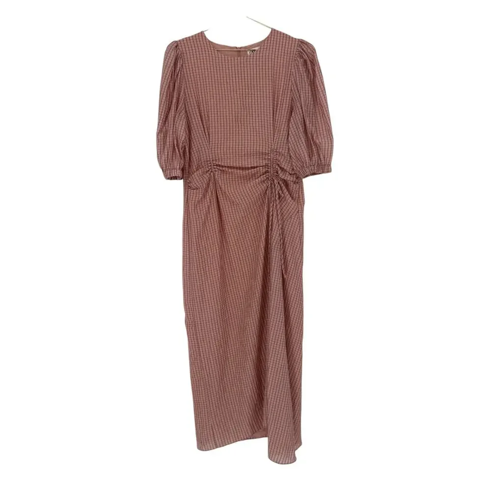 Zara Maxi Dress Micro Plaid Light Pink Puff Sleeve Milk Maid M Boho Tradwife
